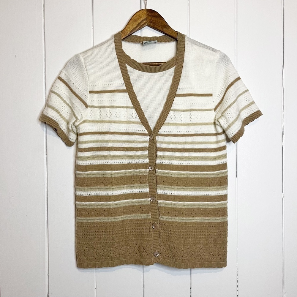 Vintage Penmans Tan and White Knit Blouse with Built in Shirt. Size Medium.